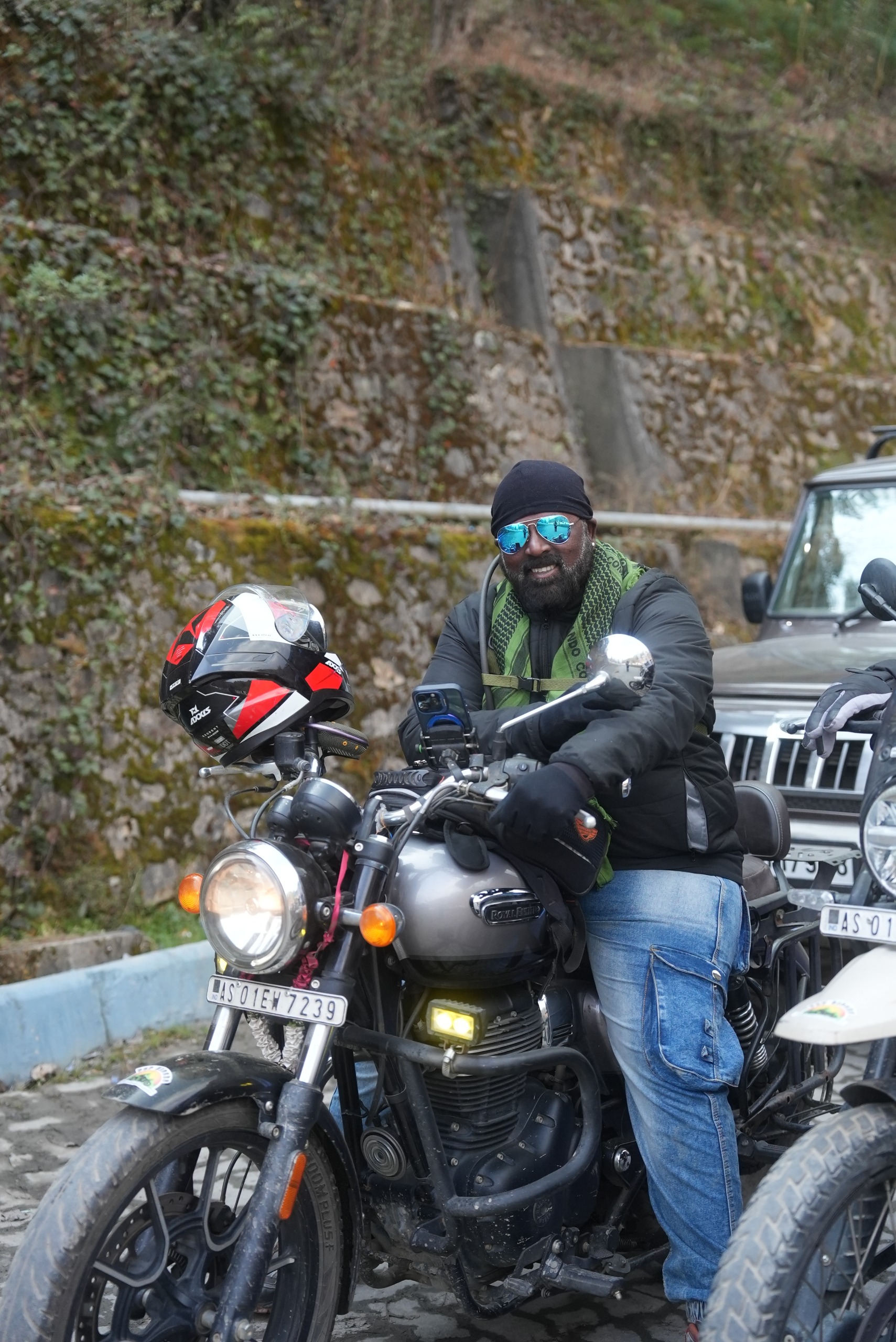 Motorcyclists staging their heavy adventure bikes for a long overland road trip